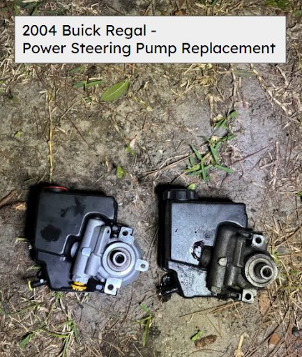 Old and new power steering pumps side by side on the grass, from a 2004 Buick Regal