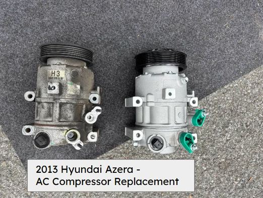 Old and new A/C compressors side by side from a 2013 Hyundai Azera