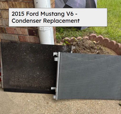 Old and new A/C condensers leaning against a wall, from a 2015 Ford Mustang V6