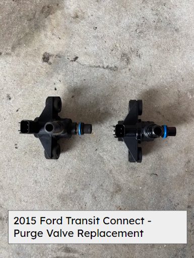 Old and new EVAP purge valves side by side from a 2015 Ford Transit Connect