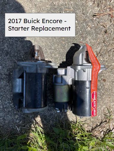 Old and new starter motors side by side on the pavement, from a 2017 Buick Encore
